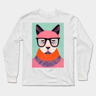 The Hipster Cat Retro Poster Vintage Art Cat Wall Glasses Pink Illustration Long Sleeve T-Shirt